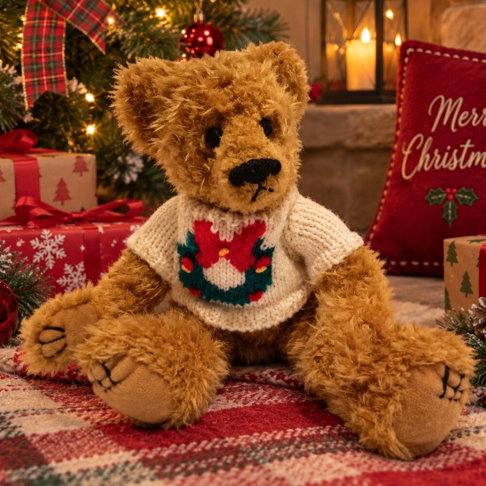 Vintage TY 1993 Curly Teddy Bear 11" Christmas Wreath Sweater Jointed Plush